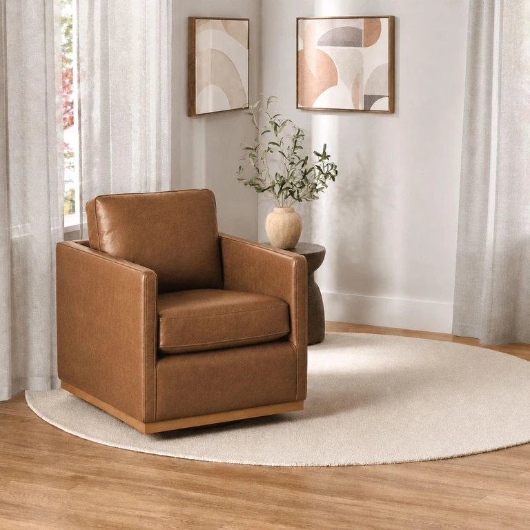 Modern Classic Leather Swivel Chair:- Butternut