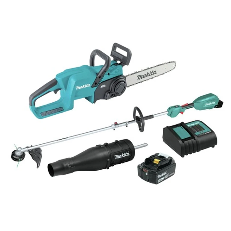 18V LXT Brushless 14 in. Cordless Chain Saw and Couple Shaft Power Head Kit with 13 in. String Trimmer and Blower Attachments Bundle (4 Ah)