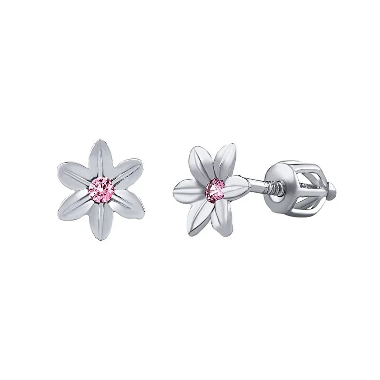 Flower-Shaped Silver Earrings with Sparkling Pink Zirconia Silvegob70449Bdsp