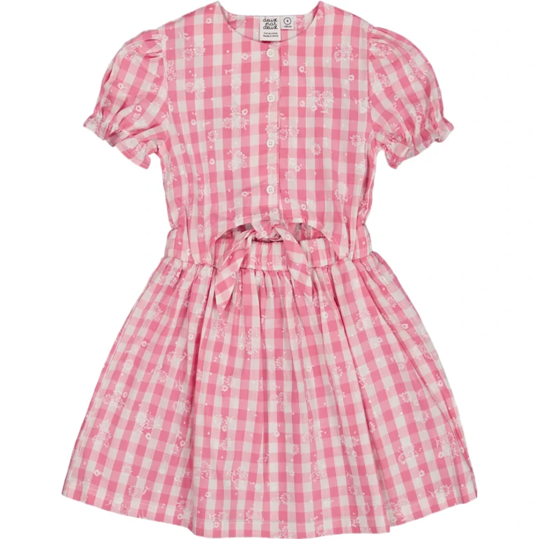 Puff Sleeve Vichy Dress with Waist Tie - Little Girl