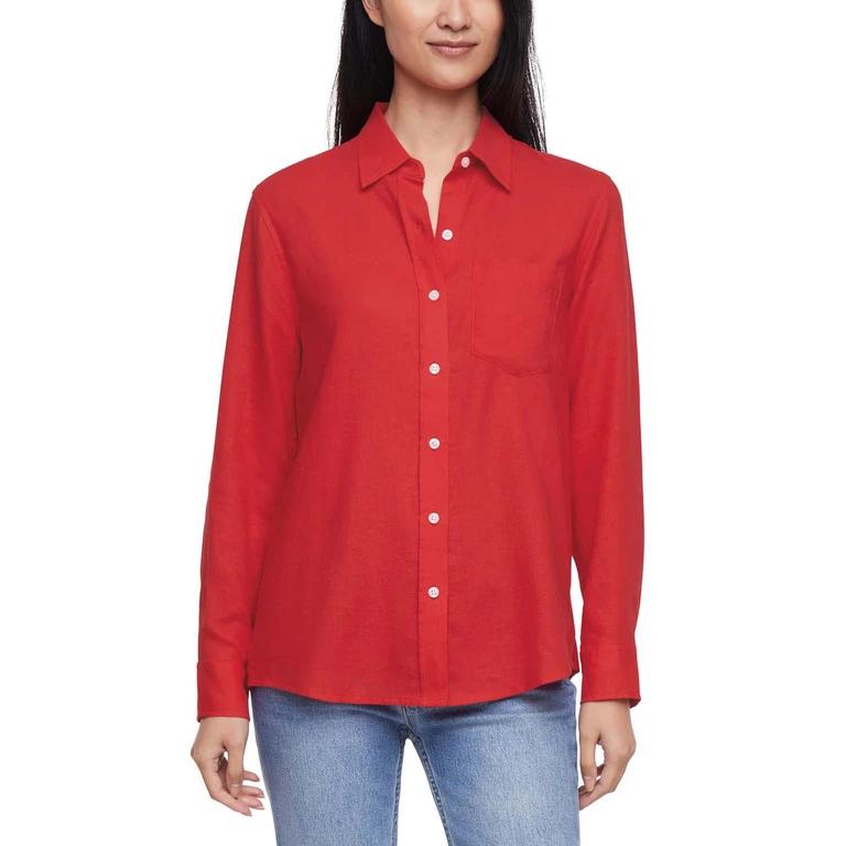 LINEN BUTTON DOWN - RED S:- Red, S
