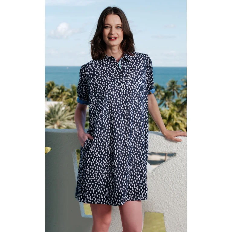 Left Bank Puff Sleeve Dress Navy White Polka Dots