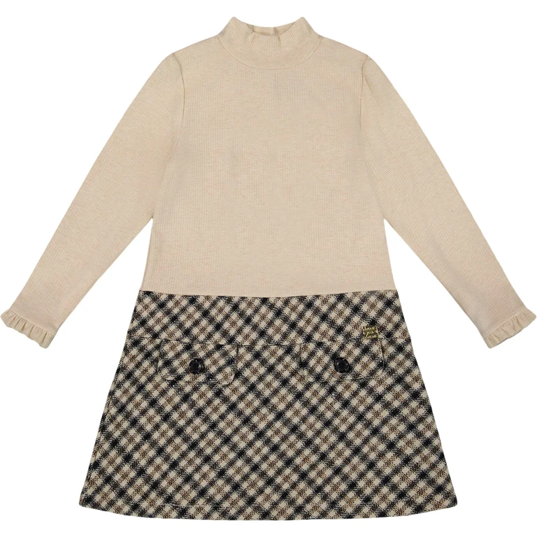 Long Sleeve Bi-Material Mock Neck Dress - Little Girl