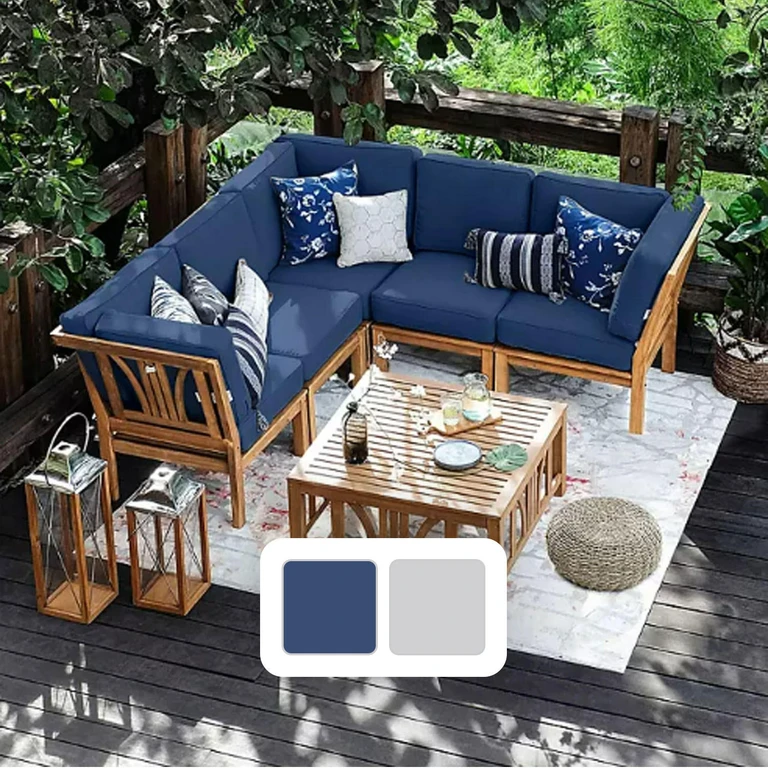 Catalina Teak Sofa Set with Cushions, 6pc:- Navy