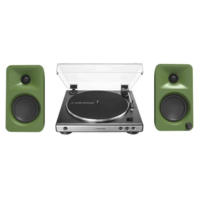 ORAME 100W Powered Reference Desktop Computer Speakers (Moss) with 60X-GM Fully Automatic Belt-Drive Stereo Turntable - Bundle