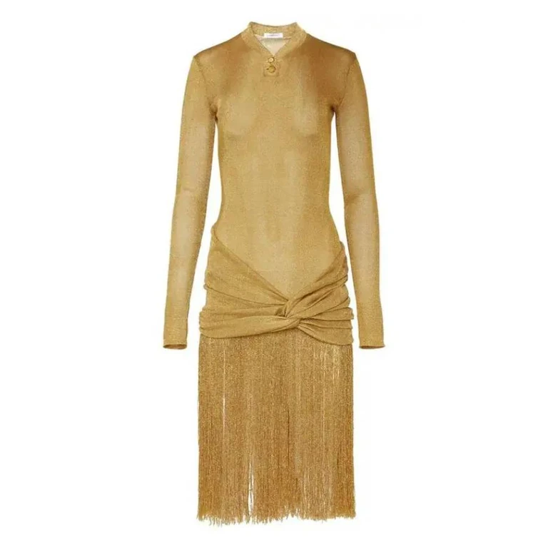 Midi Lurex Dress With Fringed Skirt