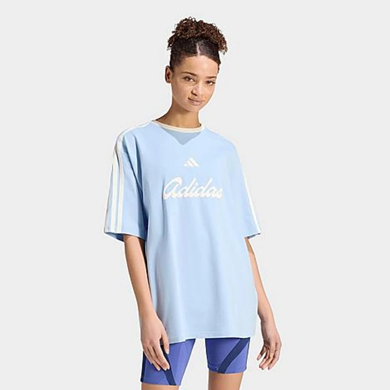 adidas Women's Sportswear Lux Tiro Loose Graphic T-Shirt in Glow Blue Size: XXS