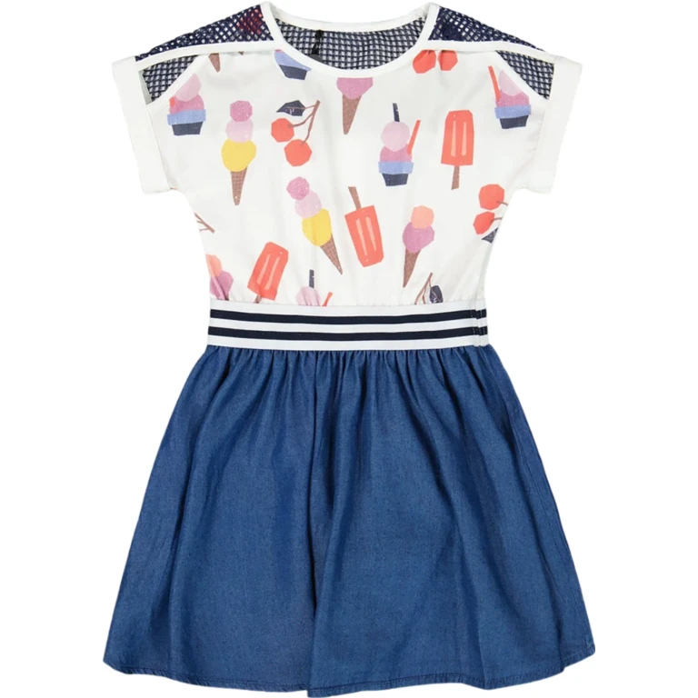 Bi-Material Organic Cotton and Chambray Dress - Little Girl
