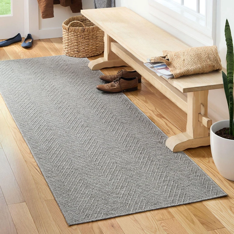 Pax Herringbone Textured Machine Washable Area Rug:- 2'5'x10'2', Grey, Rectangle