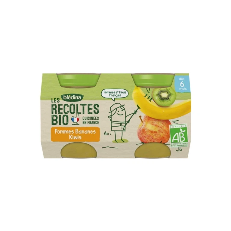 Blédina Organic Harvests From 6 Months Onwards - Small Jars of Fruit - Apples Bananas Kiwi 2x130g