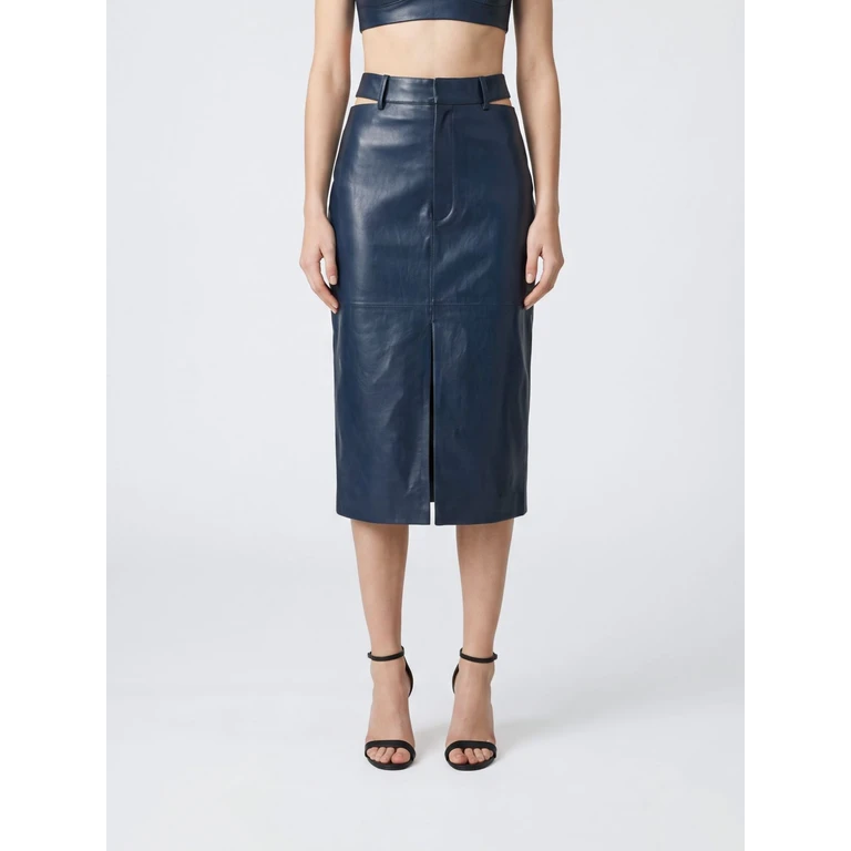 Cut-Out High-Waist Leather Midi Pencil Skirt with Front Slit (J03MA0298J07231411)