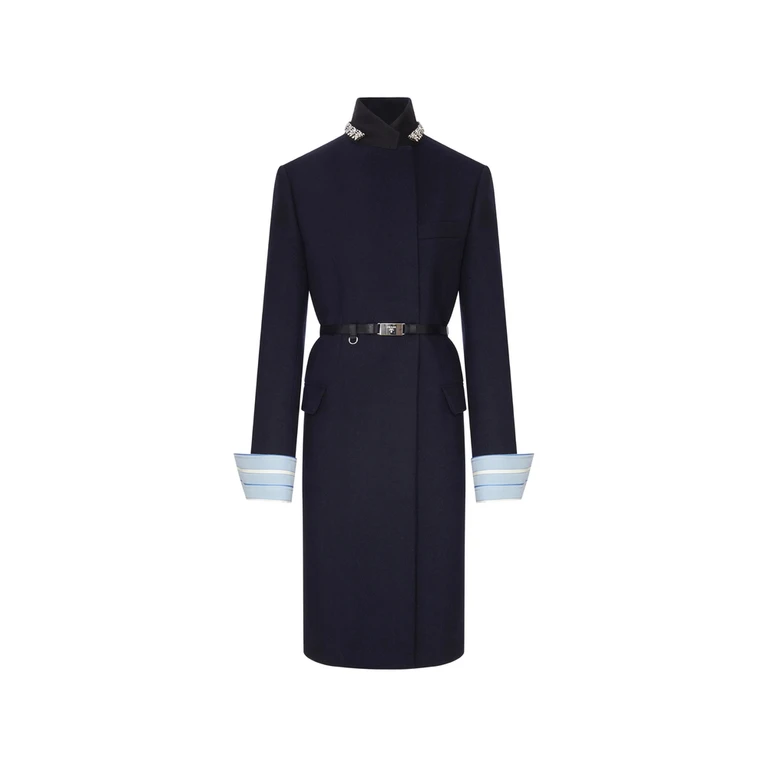 LONG WOOL COAT WITH BELT AND JEWEL COLLAR