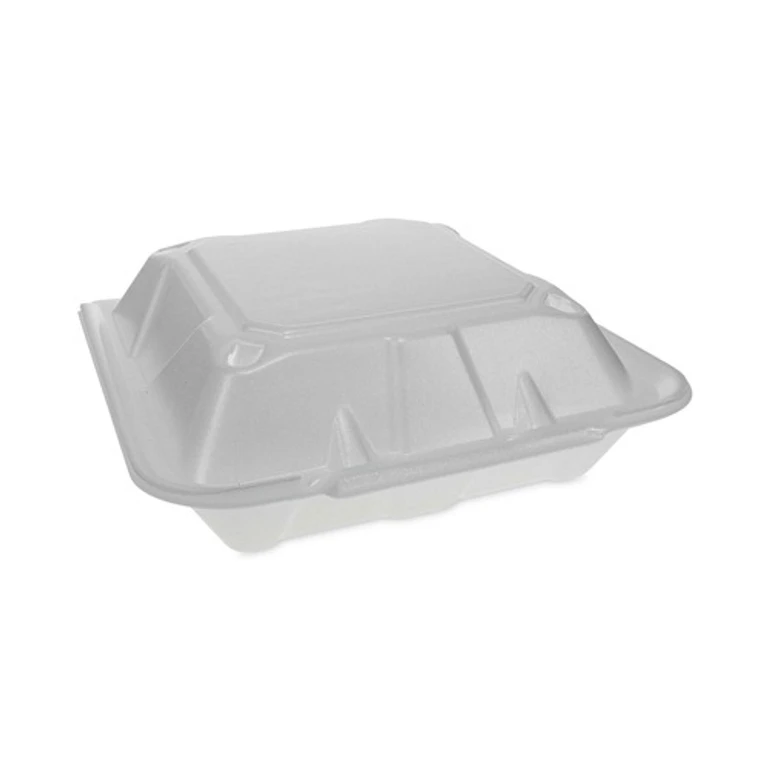 YTD19903ECON 9.13 in. x 9 in. x 3.25 in. 3 Compartment Dual Tab Lock Economy Vented Foam Hinged Lid Containers - White (150/Carton)