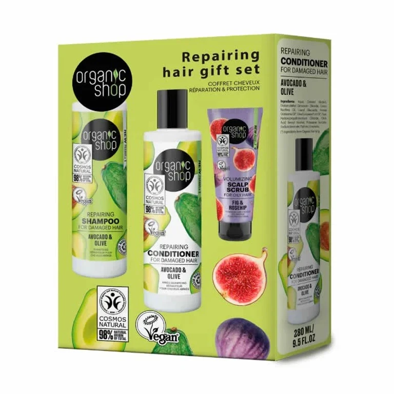 Avocado shampoo Organic Shop 280 ml, avocado conditioner 280 ml, fig body scrub 75 ml