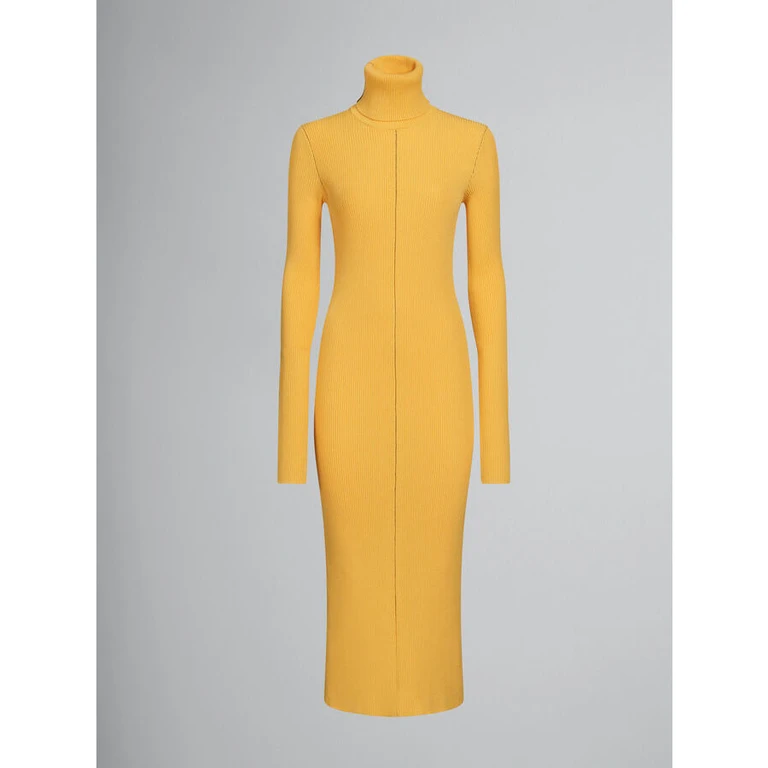 Women'S Maize Ribbed Turtleneck Midi Dress