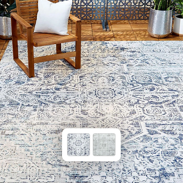 New York Patio Sofia Fleur Area Rug:- 5'2'x7'2', Navy Blue/Aqua