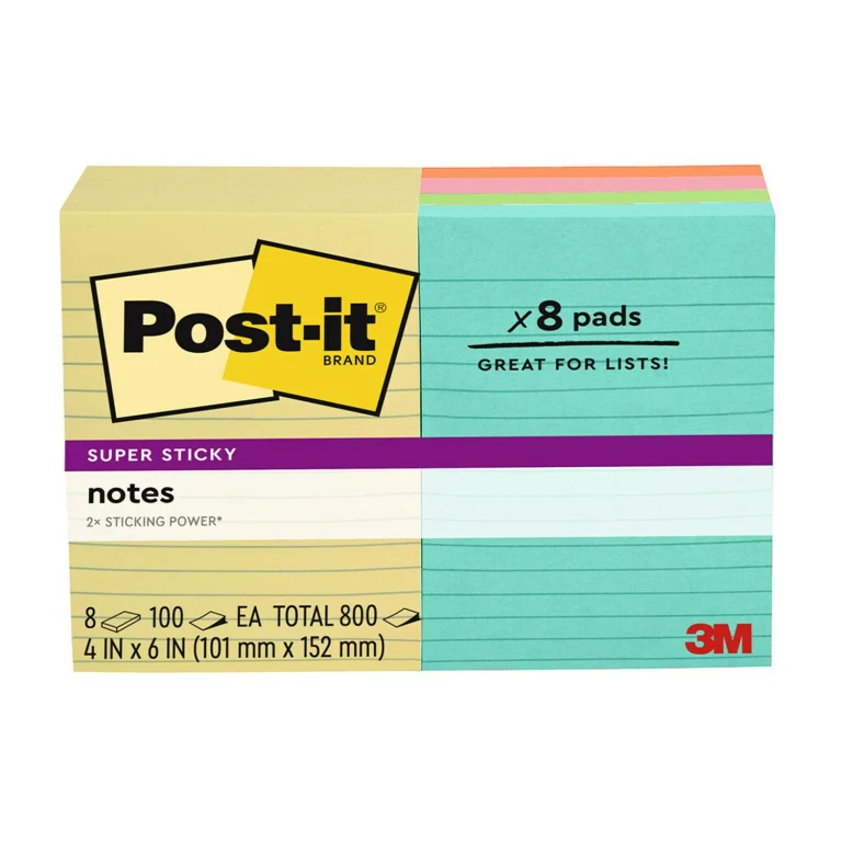 Super Sticky Notes, 4' x 6', Assorted Colors, Lined, 8 Pack, 800 Total Sheets
