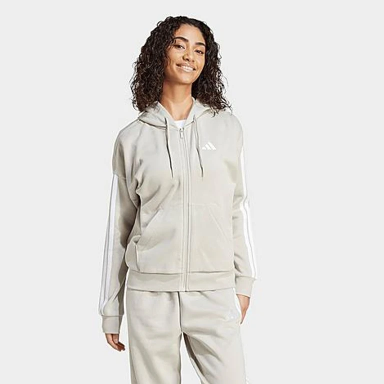 adidas Women's Essentials 3-Stripes Fleece Full-Zip Hoodie in Beige/White Size: XS