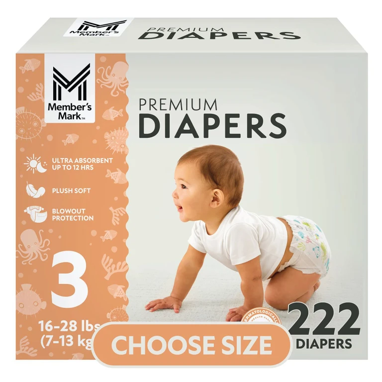 Premium Baby Diapers; Size 3, 222 ct., 16-28 lbs.:- 3 - 222 ct., 16-28 lbs.
