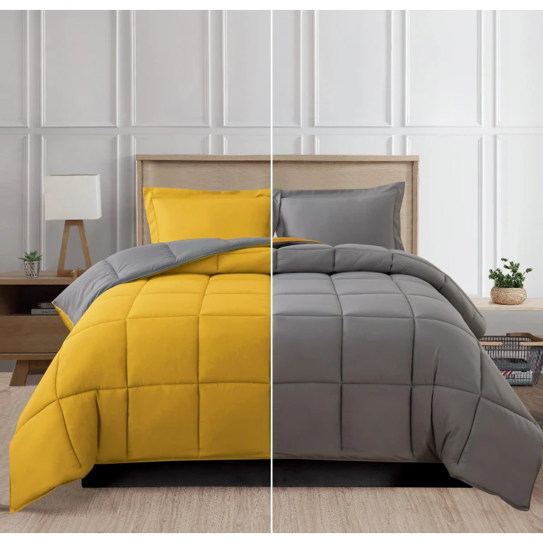 Reversible 3-Piece Box Stitched Comforter & Shams - Duvet Insert with 4 Corner Tabs