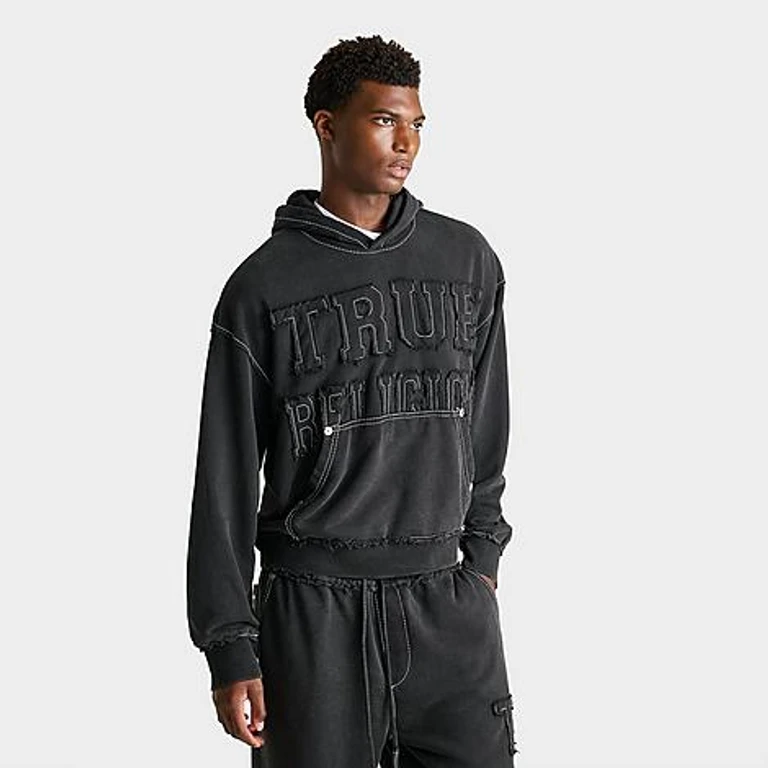True Religion Men's Logo Appliqué Big T Boxy Hoodie in Black Size: Small