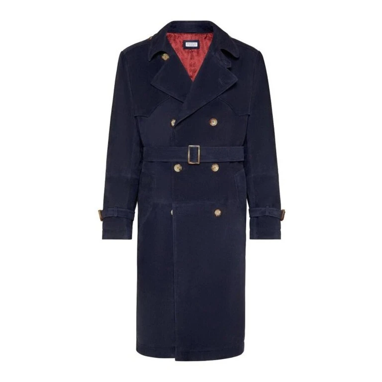 Navy Leather Double-Breasted Trench Coat