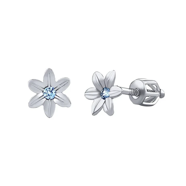 Flower-Shaped Silver Earrings with Sparkling Blue Zirconia Silvegob70449Bdslb
