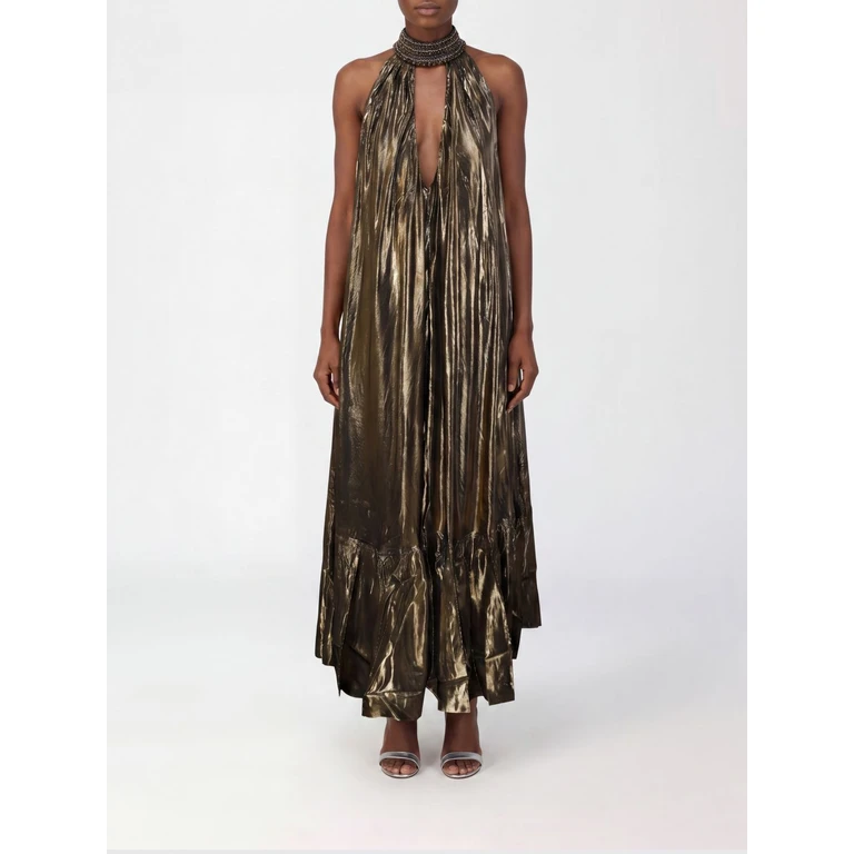 Long Halter Neck Lurex Gown with Beaded Embellishments (26SLUMONCHARBONCHINE)