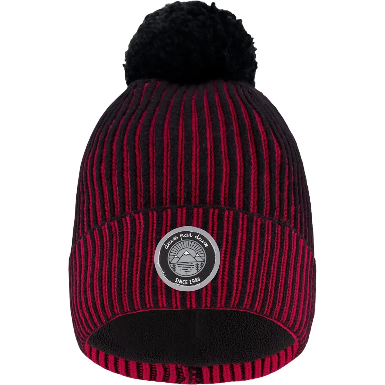 Red-Black Lined Knit Pompom Hat - Little Boy