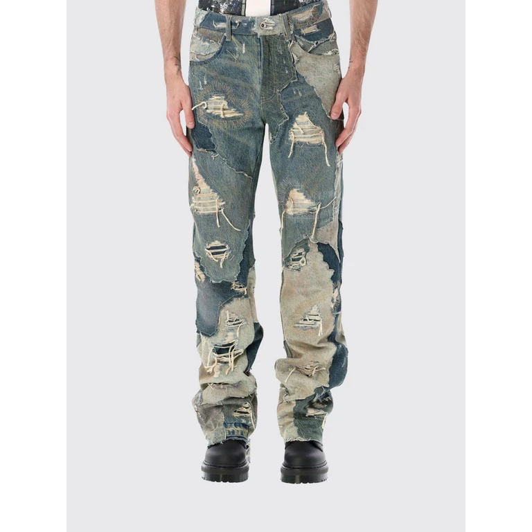 Straight Fit Mid-Rise Distressed Denim Jeans with Patches (1121030009D)