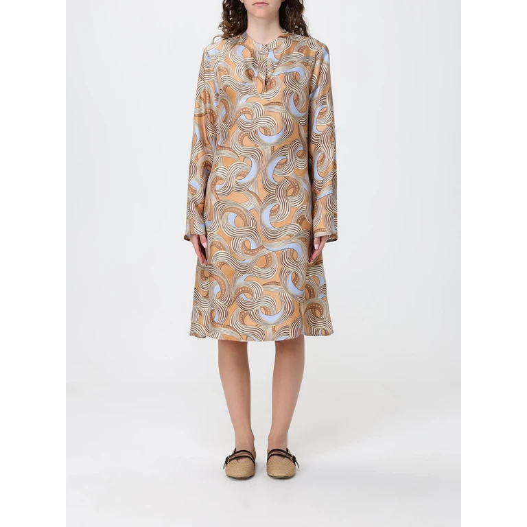 Short Silk Twill Tunic with Floral Print and V-Neck (JF679831027A4164)