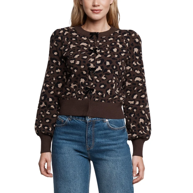 WOMEN'S BOW CARDIGAN - BROWN M:- M, Brown