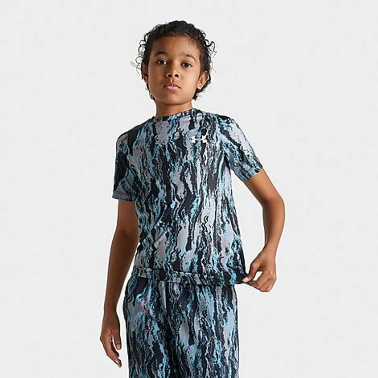 Under Armour Big Kids Tech Print Training T-Shirt in Black/Steel/Fresco Blue Size: Small