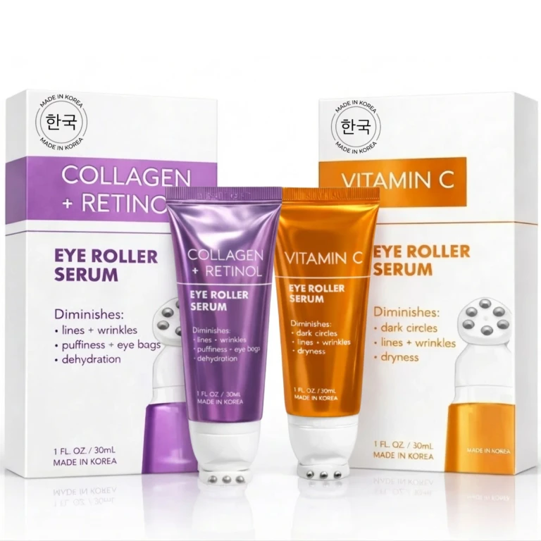 Korean Skincare Eye Roller Serum Duo - Retinol and Vitamin C Brightening Under Eye Treatment Set - Anti Aging and Anti Wrinkle K Beauty Skin Care