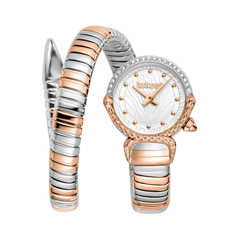 Womens's Snake Watch, Two Tone Silver & Rose Gold Color Case, Silver Dial, Two Oned Stainless Steel Bracelet JC1L350M0075