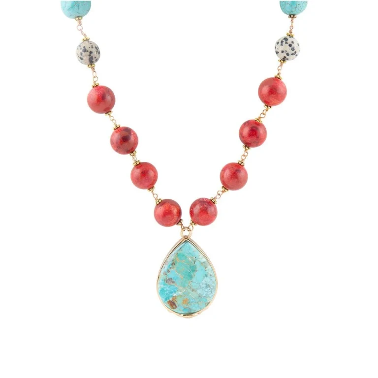 Blue and Red Turquoise Teardrop Golden Necklace