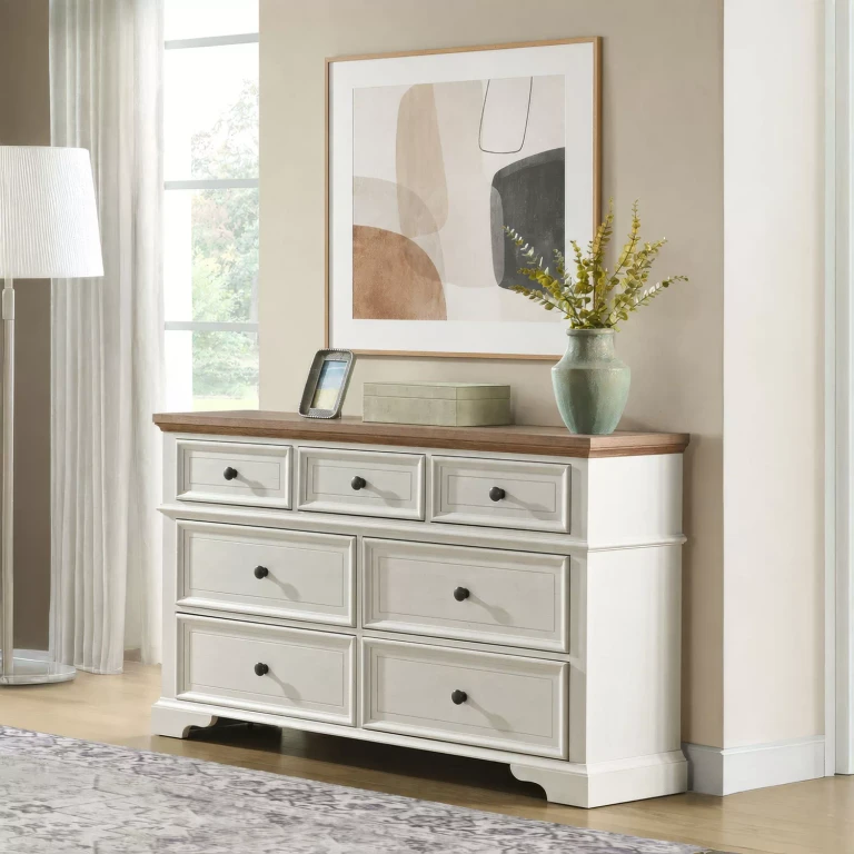 Ulysses Youth Dresser and Mirror Set in Brown and White:- 7-Drawer
