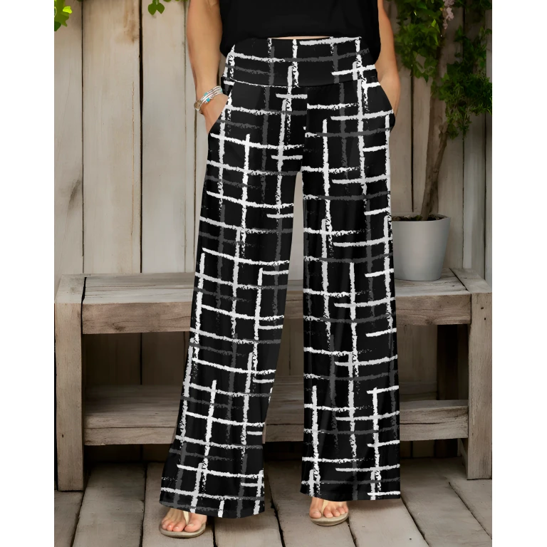 Wide Leg Pants with Pockets by Bon Apple Tea - Green and White w/ Black