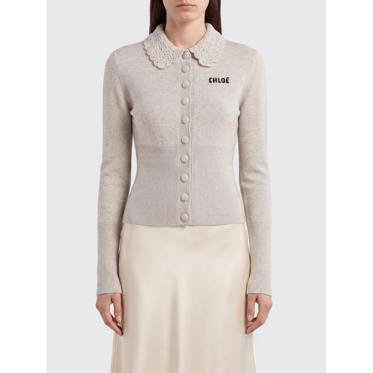 CHLOÉ Cardigan en laine coupe slim à col polo avec logo contrastant