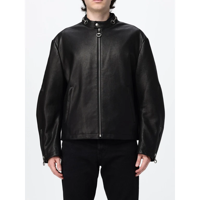 Two-Tone Leather Biker Jacket with Zipped Cuffs and Slit Pockets (864931XNBCJ1000)