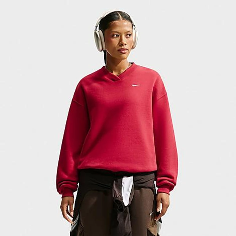Nike Women's Studio Fleece Medium Weight Oversized V-Neck Sweatshirt in Tough Red/Sail Size: XS