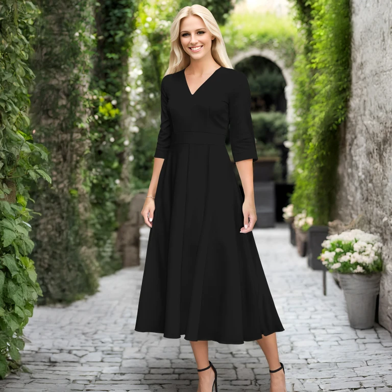 V Neck Three Quarter Sleeve Fit and Flare Midi Dress by Bon Apple Tea
