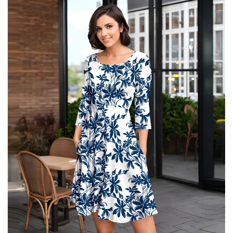 Three-Quarter Sleeve Dress with Pockets by Bon Apple Tea