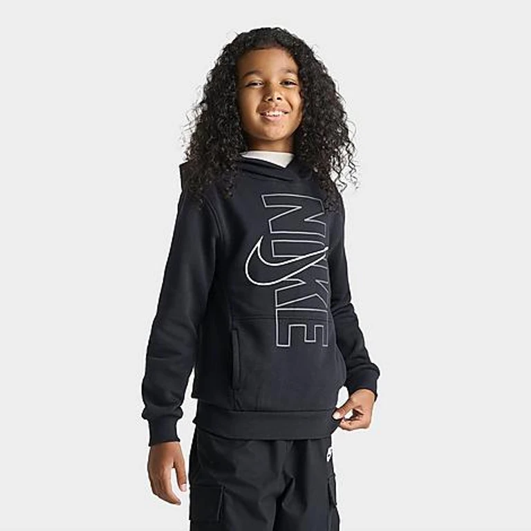 Nike Big Kids Club Fleece Block Pullover Hoodie in Black Size: Small