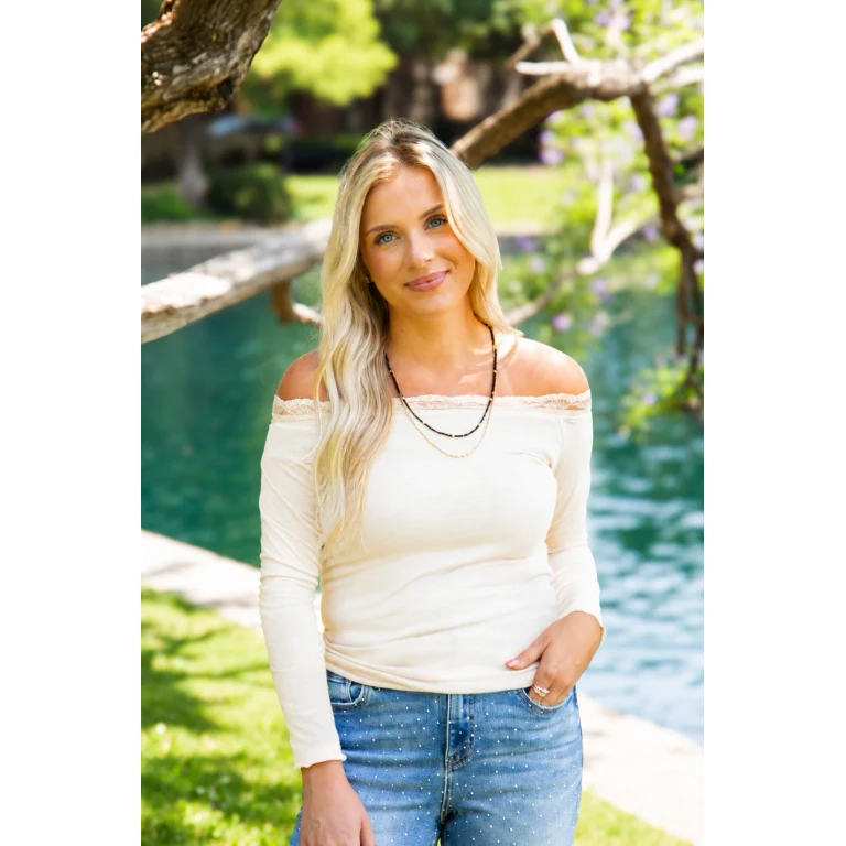 Longsleeve Off-the-Shoulder Top with Lace Trim, Ivory