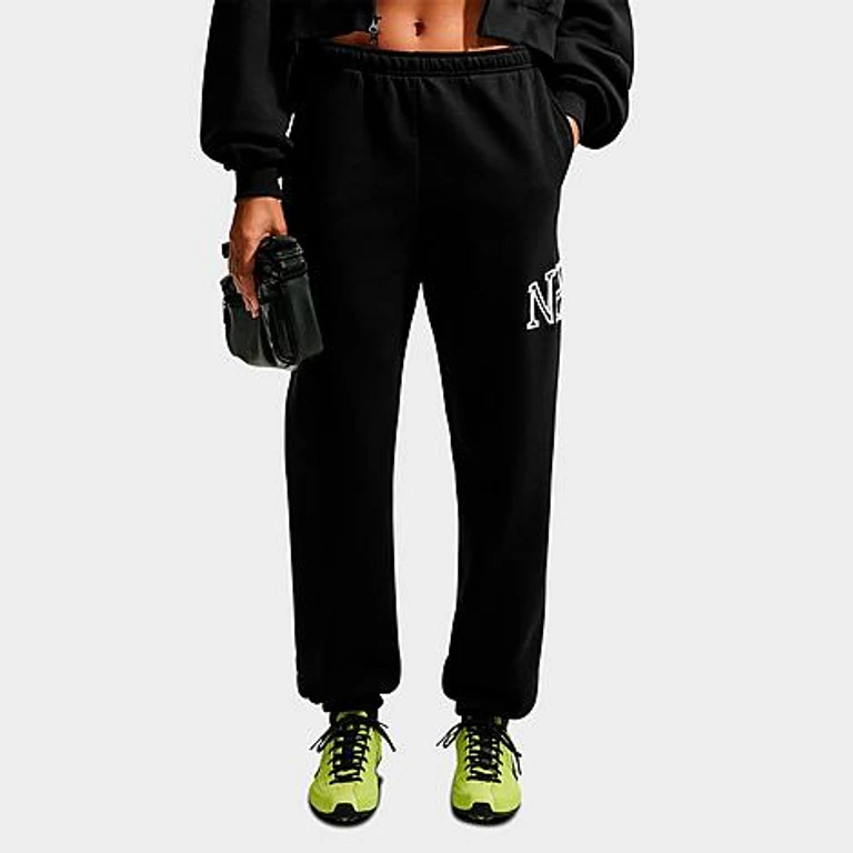 Women's Studio Fleece Medium-Weight "Graphic Pack" Oversized Cuffed Logo Pants in Total Black/White Size: XXS