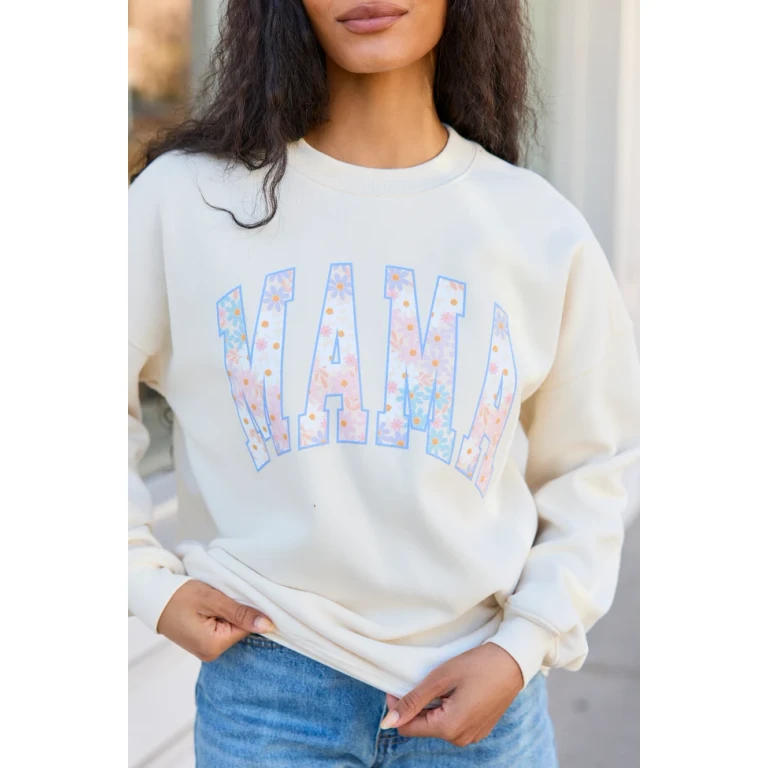 Mama Block Multi Daisy Print Cream Graphic Sweatshirt