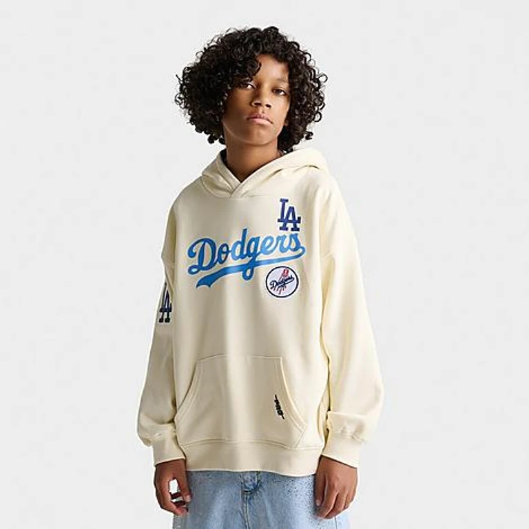 Big Kids Los Angeles Dodgers MLB Home Team Pullover Hoodie in Eggshell Size: Small
