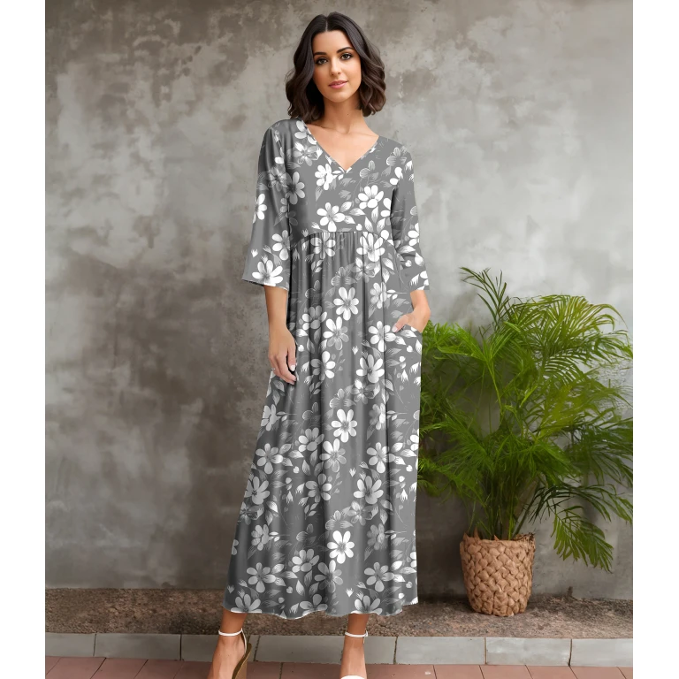 Three Quarter Sleeve V-neck Maxi Dress with Pockets by Bon Apple Tea