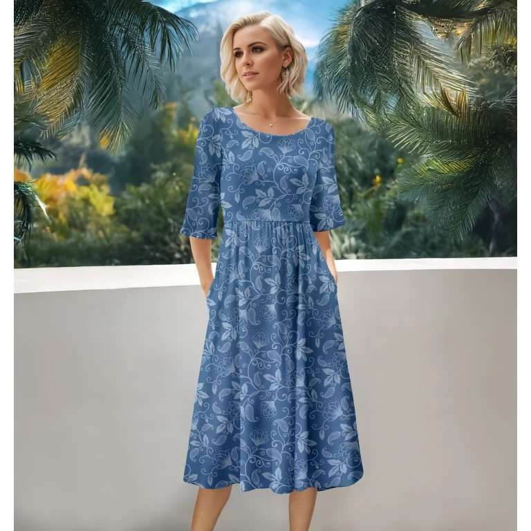 Three Quarter Sleeve Midi Dress with Pockets by Bon Apple Tea